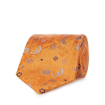 Orange pure silk floral patterned tie